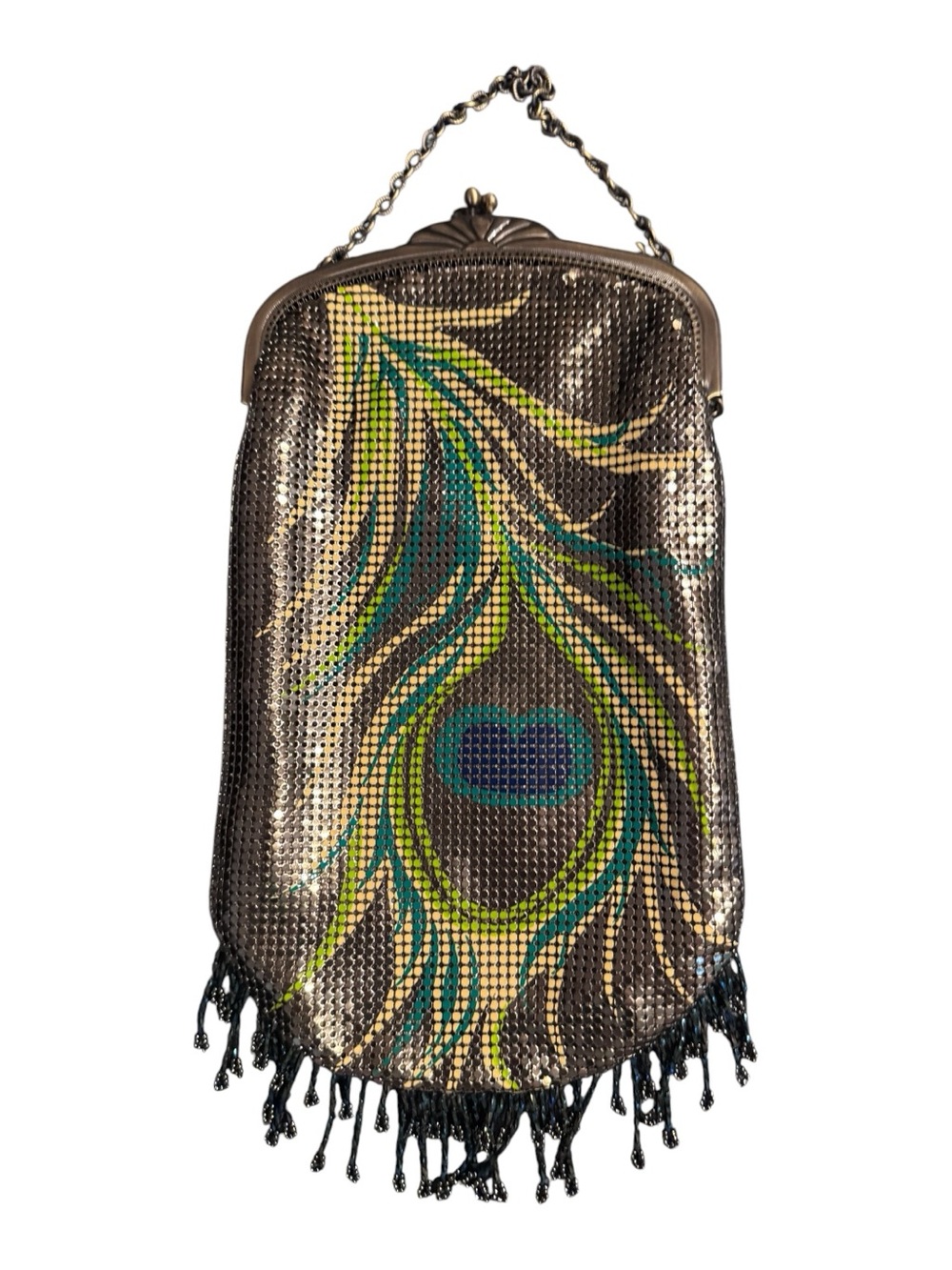 Whiting & Davis Peacock Feather Mesh Metal Fringe Purse Kiss Lock Evening Bag